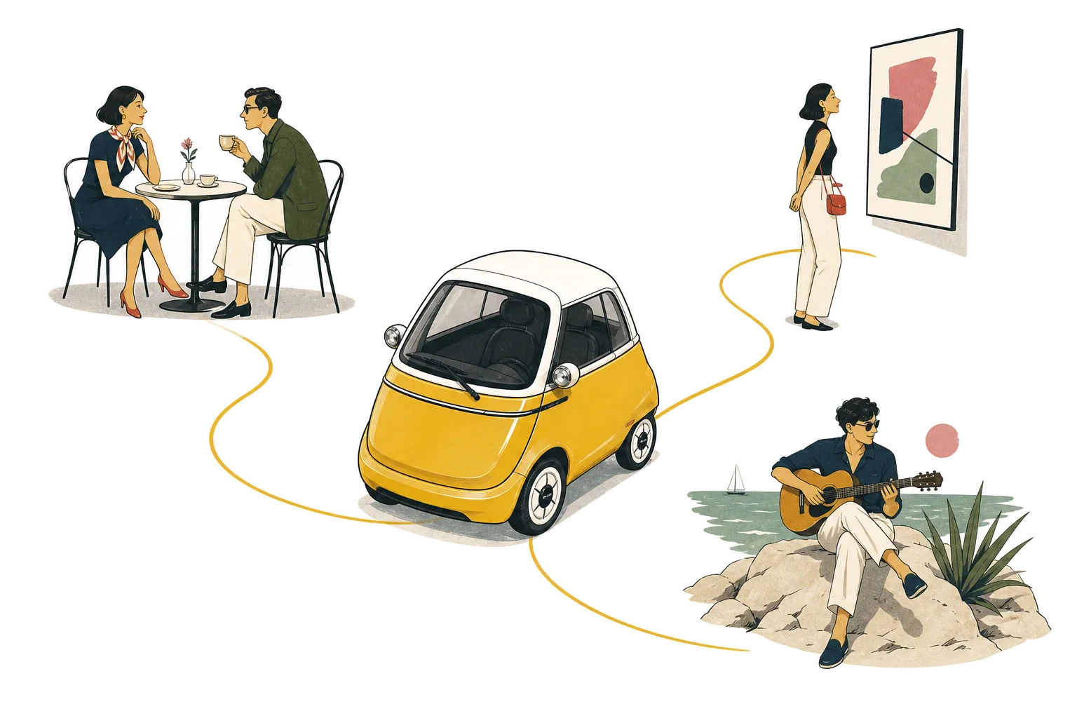 Gelber Microlino auf einer Route zwischen Café, Kulturort und Küste